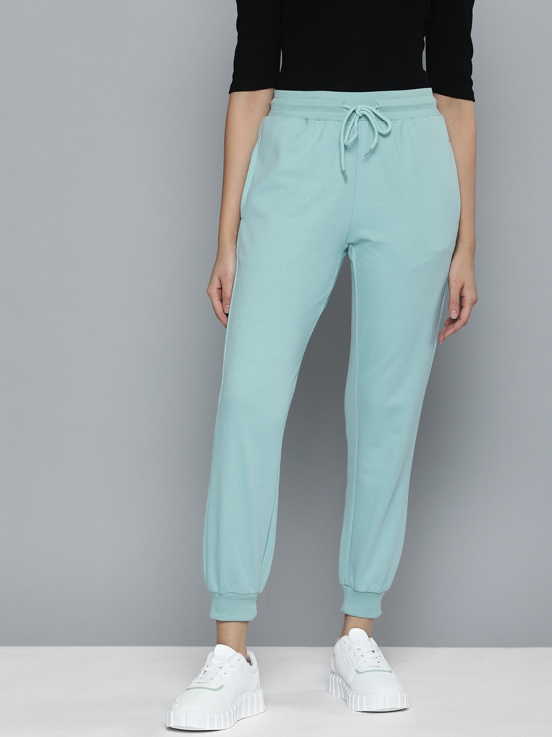 

Ether Women Sea Blue Black Solid Joggers Track Pants With Elasticated Drawcords