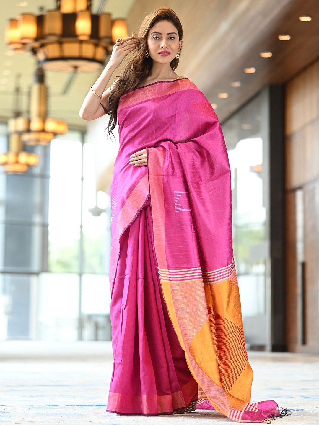 

BEATITUDE Pink & Yellow Woven Design Zari Pure Silk Saree