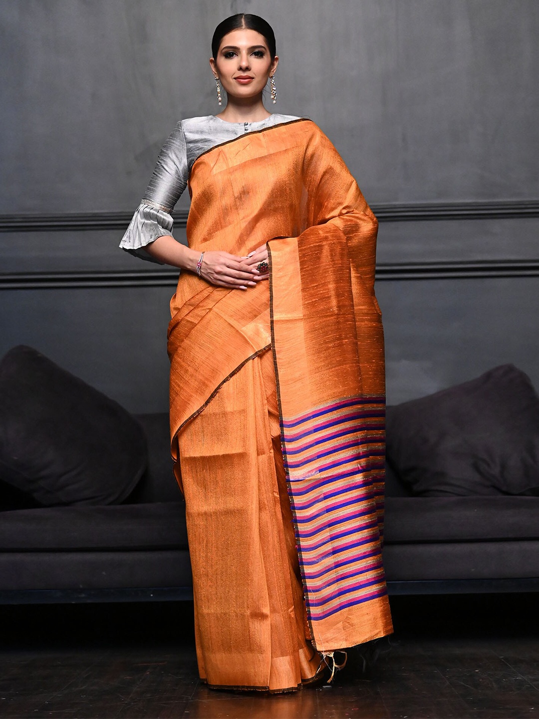 

BEATITUDE Orange & Blue Woven Design Pure Silk Heavy Work Saree