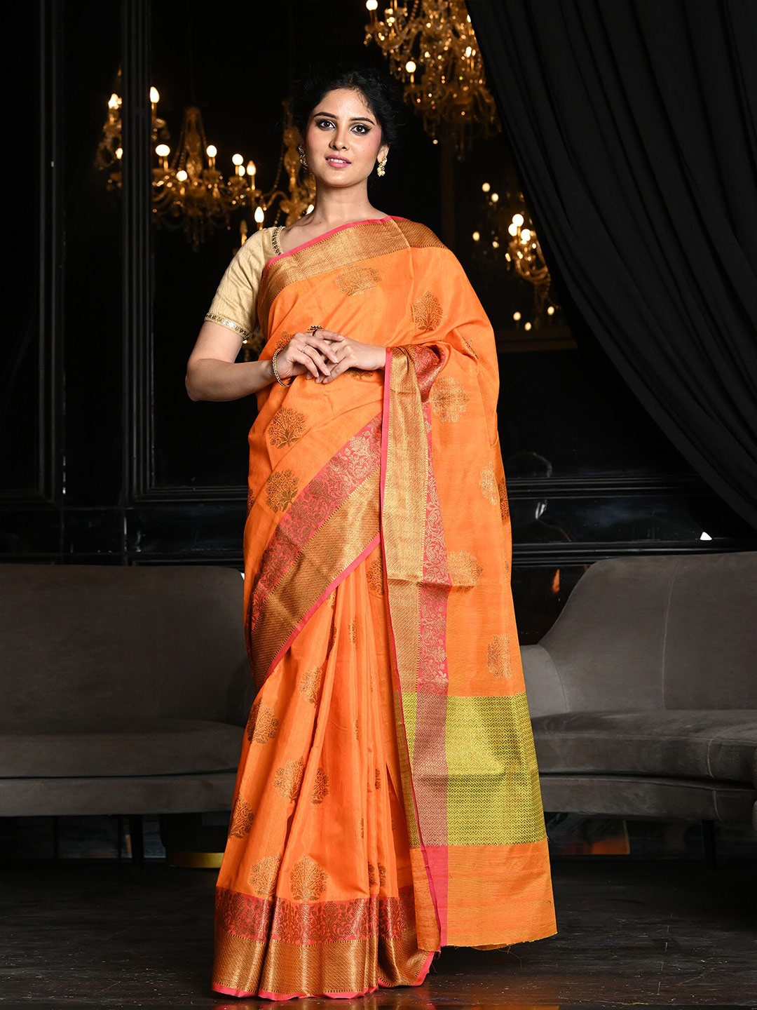

BEATITUDE Orange & Green Ethnic Motifs Zari Pure Silk Banarasi Saree