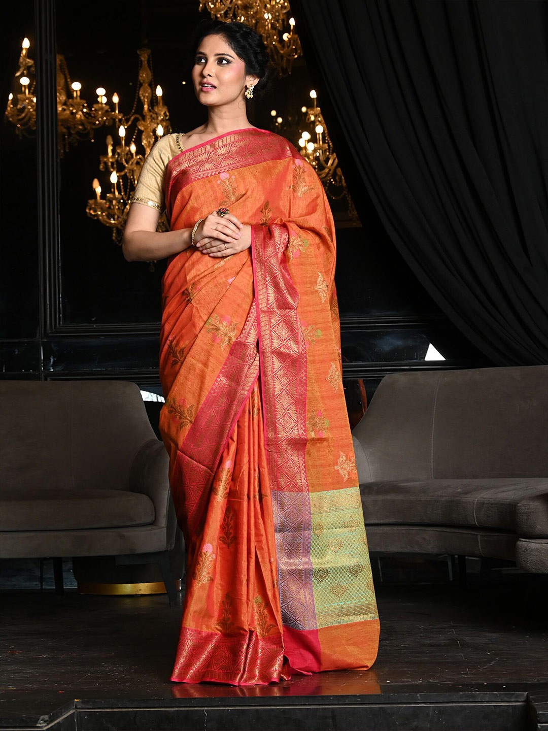 

BEATITUDE Orange & Green Woven Design Zari Pure Silk Saree