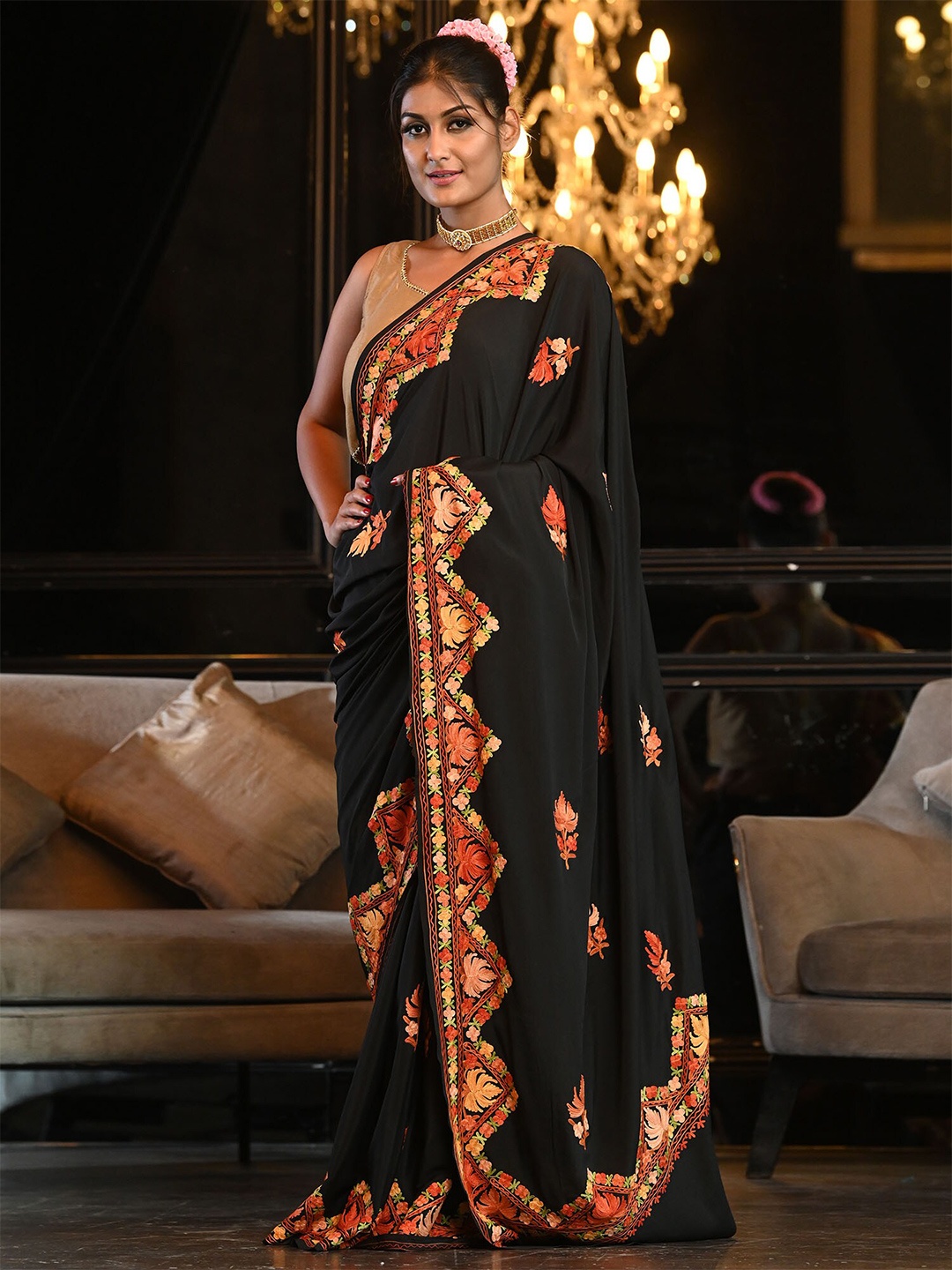 

BEATITUDE Black & Red Floral Embroidered Aari Work Saree