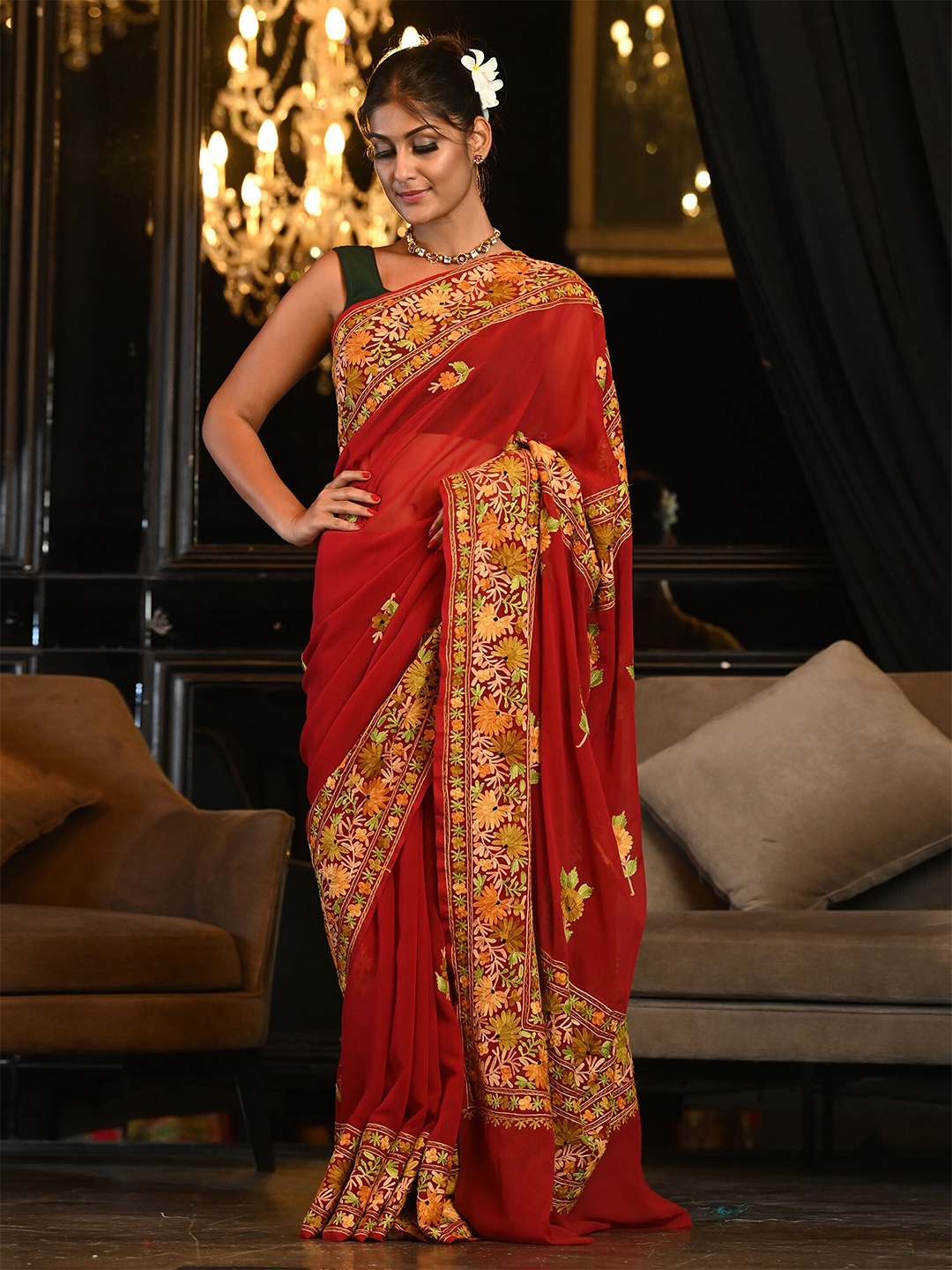 

BEATITUDE Red & Green Floral Embroidered Aari Work Saree