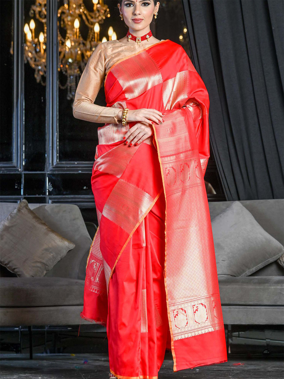 

BEATITUDE Red & Golden Woven Design Zari Saree