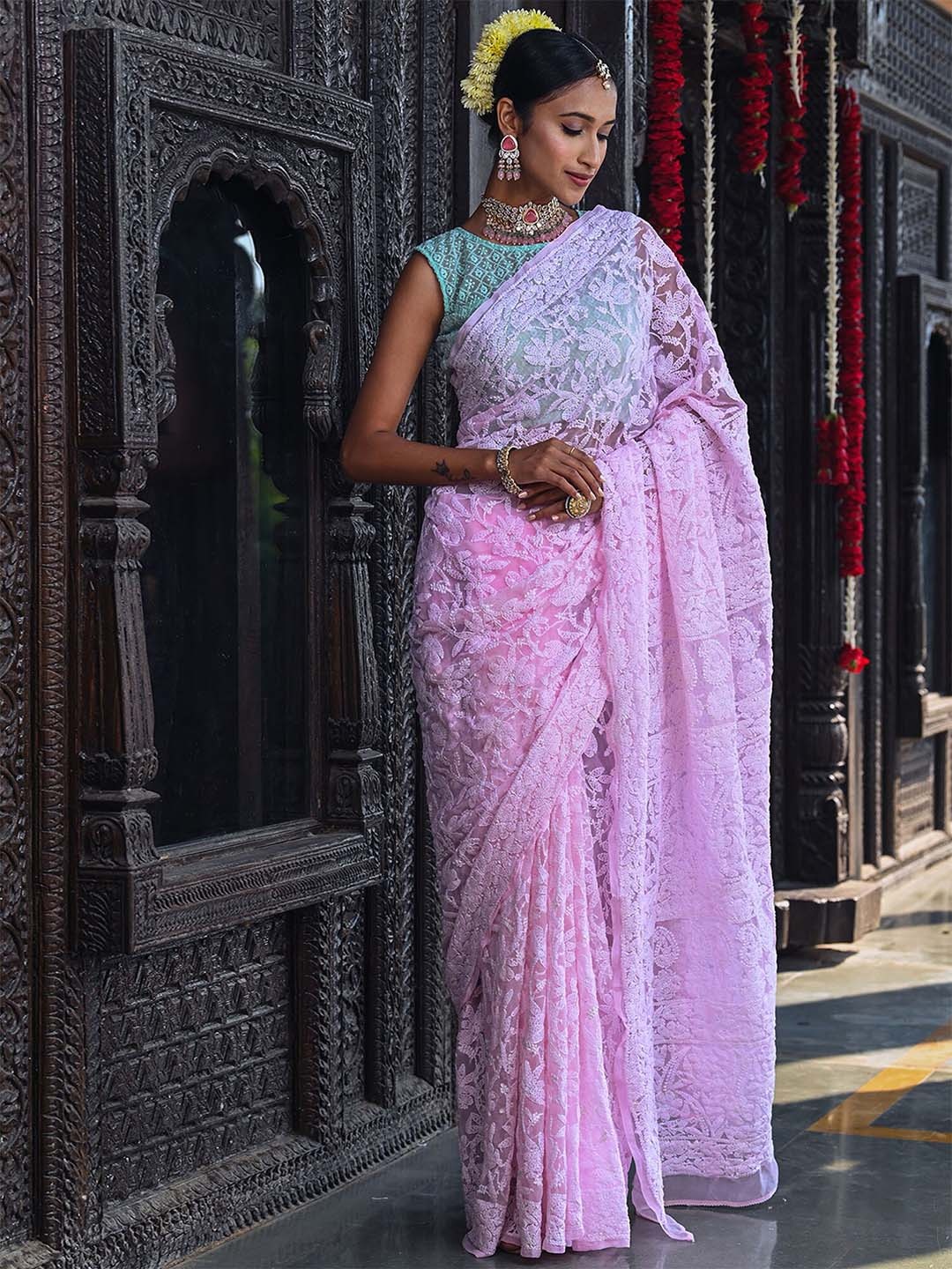 

BEATITUDE Pink Floral Embroidered Chikankari Saree