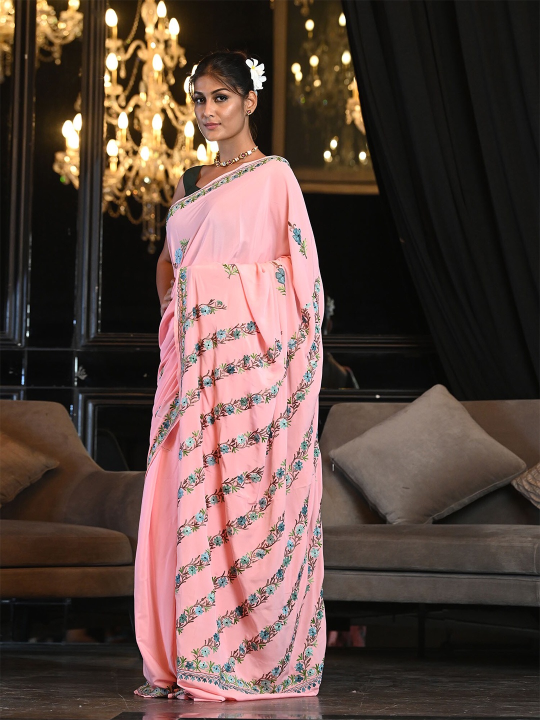 

BEATITUDE Pink & Green Floral Embroidered Saree