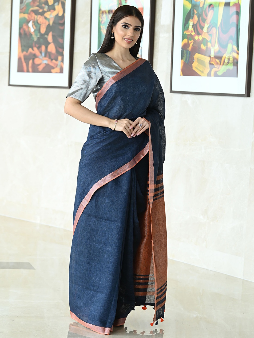 

BEATITUDE Blue & Grey Woven Design Pure Linen Saree