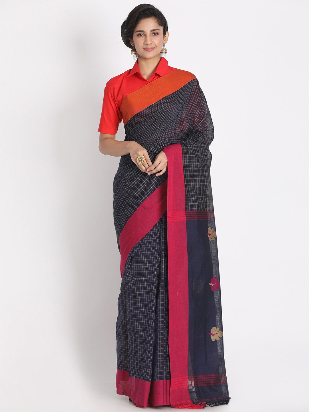 

BEATITUDE Blue & Red Checked Pure Cotton Saree