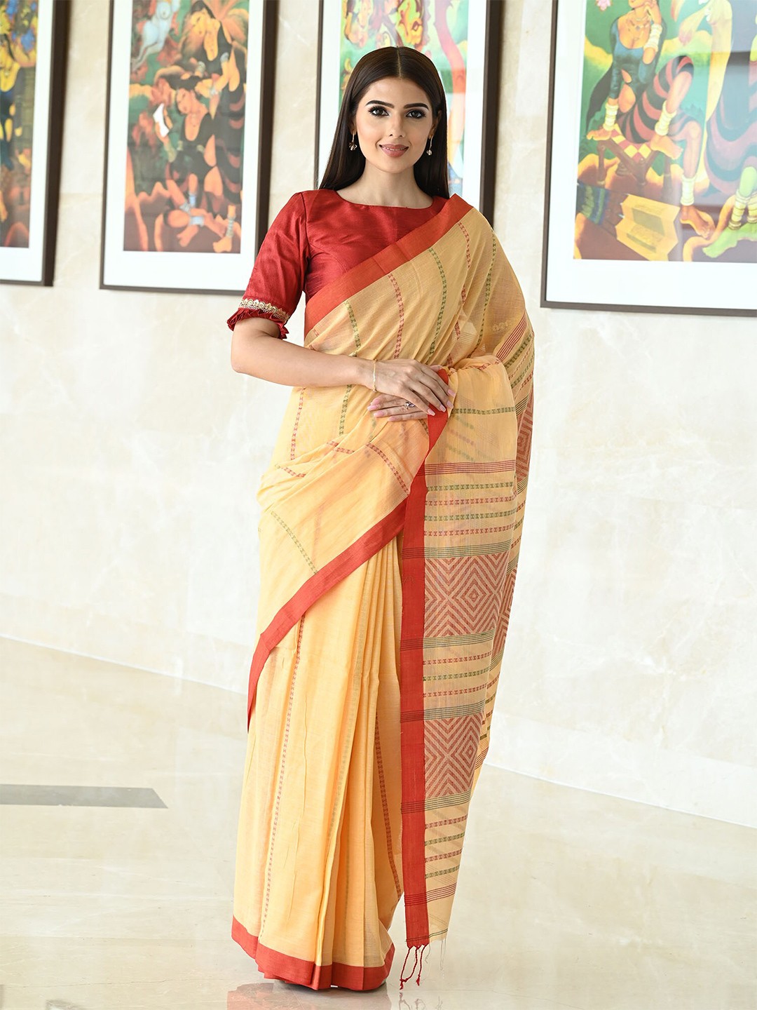 

BEATITUDE Yellow & Red Woven Design Pure Cotton Saree