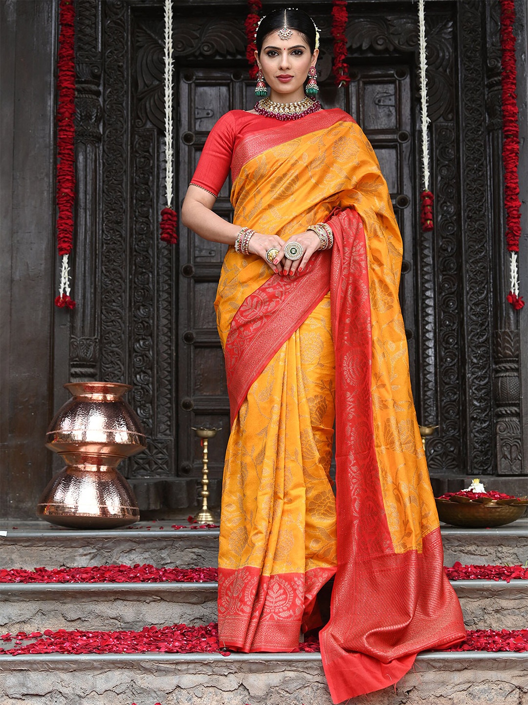 

BEATITUDE Yellow & Red Woven Design Zari Pure Silk Saree