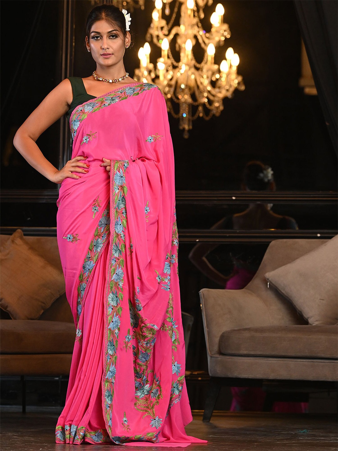 

BEATITUDE Pink & Blue Floral Embroidered Kashmiri Saree