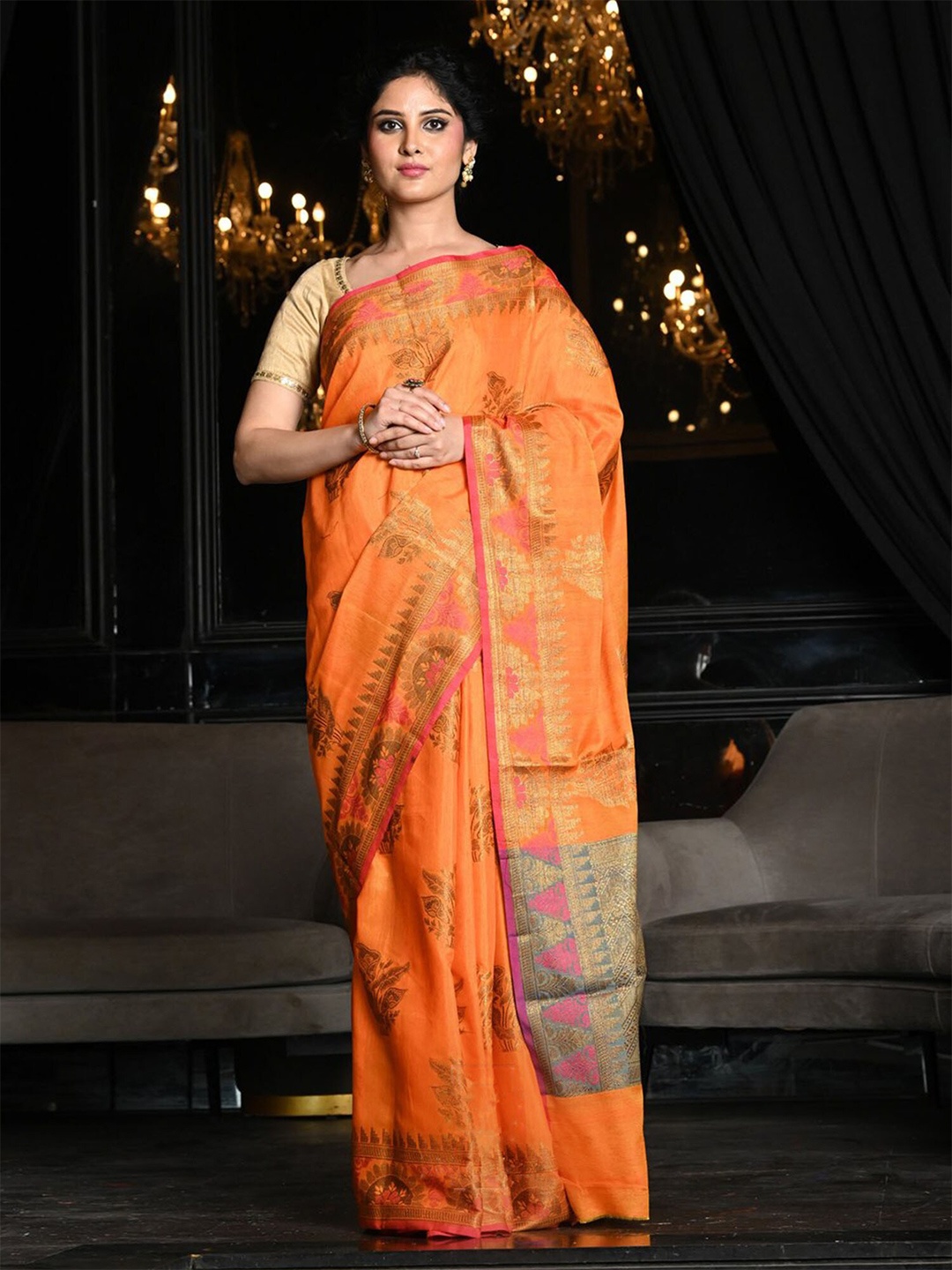 

BEATITUDE Orange & Green Woven Design Zari Pure Silk Saree