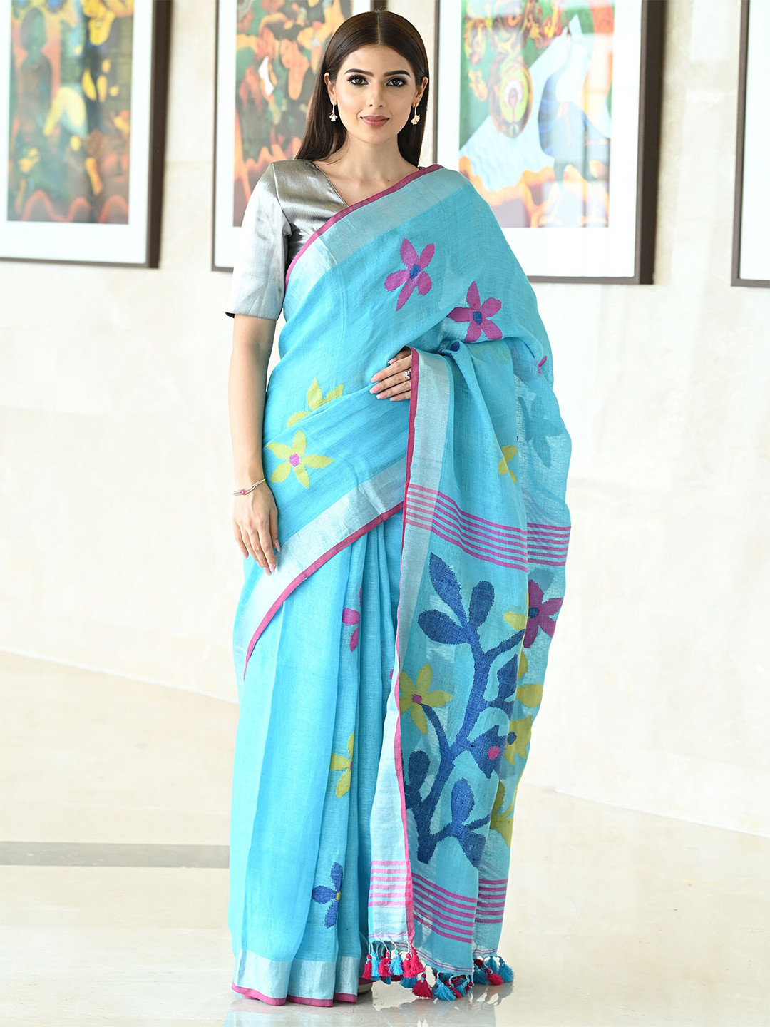 

BEATITUDE Blue & Pink Woven Design Pure Linen Saree