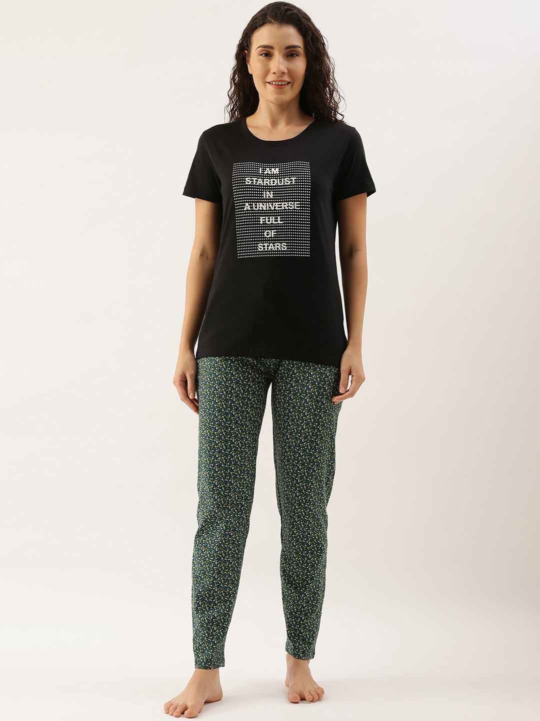 

Kryptic Women Black & Green Printed Night suit