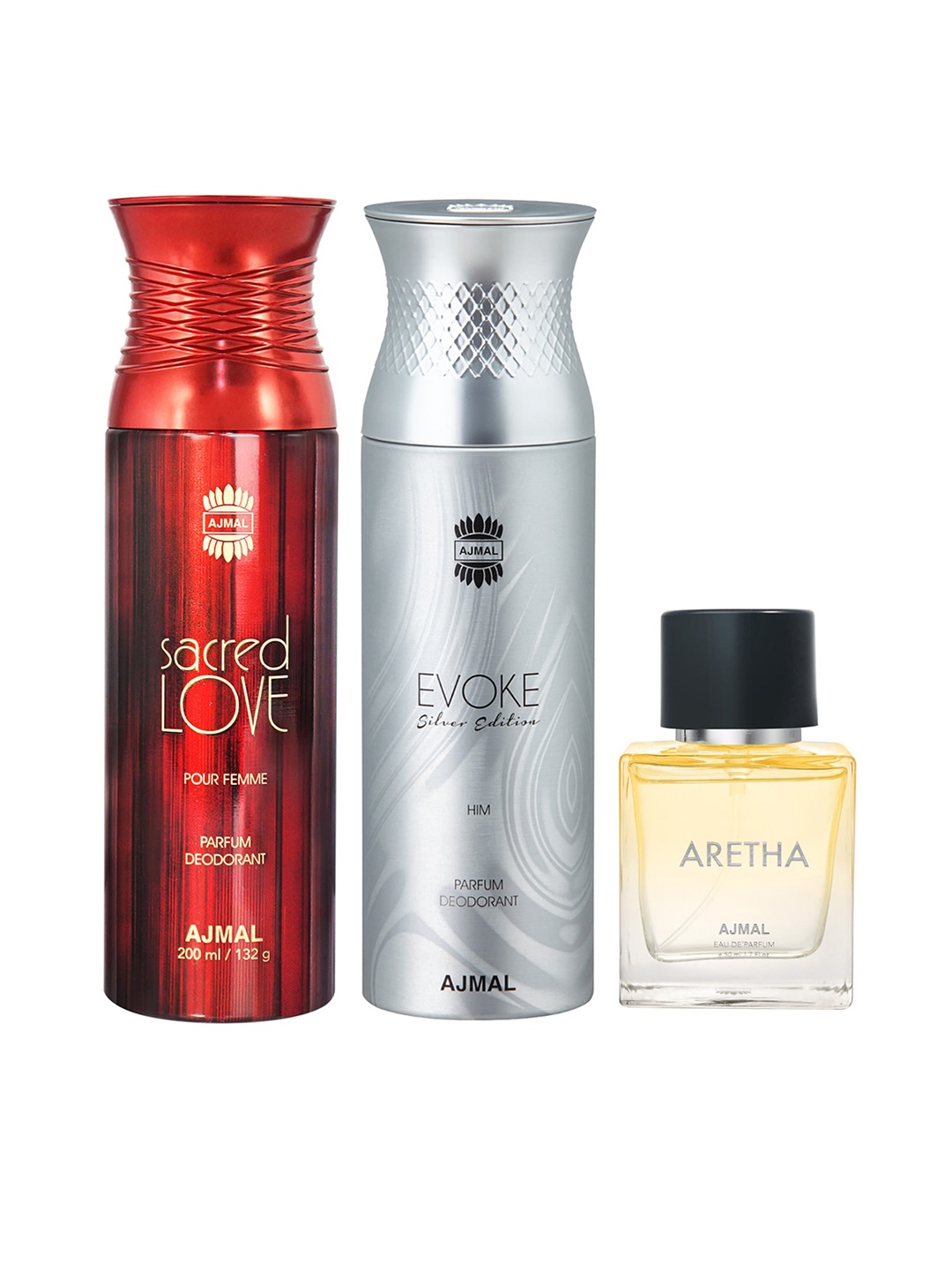 

Ajmal Women Sacred Love Deodorant 200 ml + Men Silver Shade Deo 200 ml + Aretha EDP 50 ml, Red