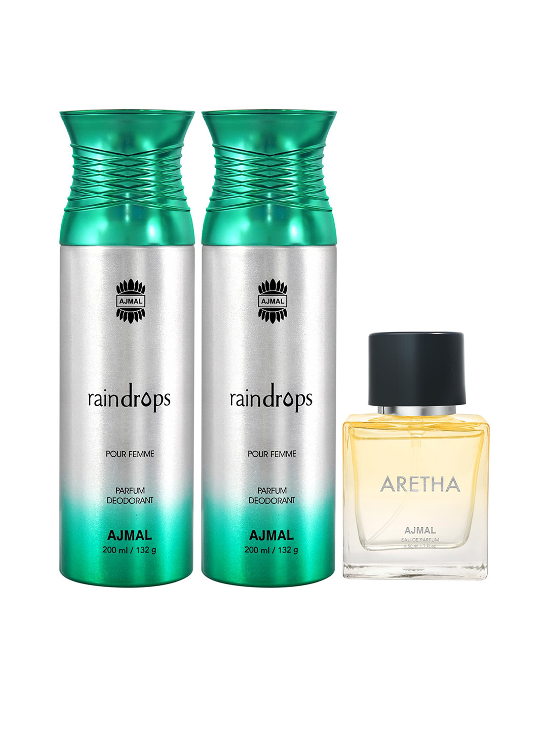 

Ajmal Women 2 Raindrops Deodorant 200 ml Each & Aretha Eau De Parfum 50 ml, Green