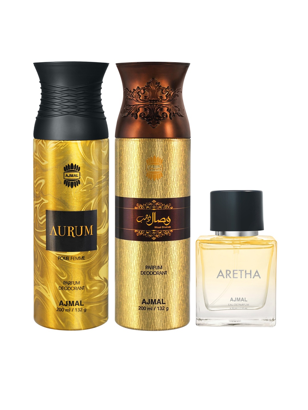 

Ajmal Wisal Dhahab Deo 200 ml + Women Aurum Deodorant 200 ml + Aretha Eau De Parfum 50 ml, Gold