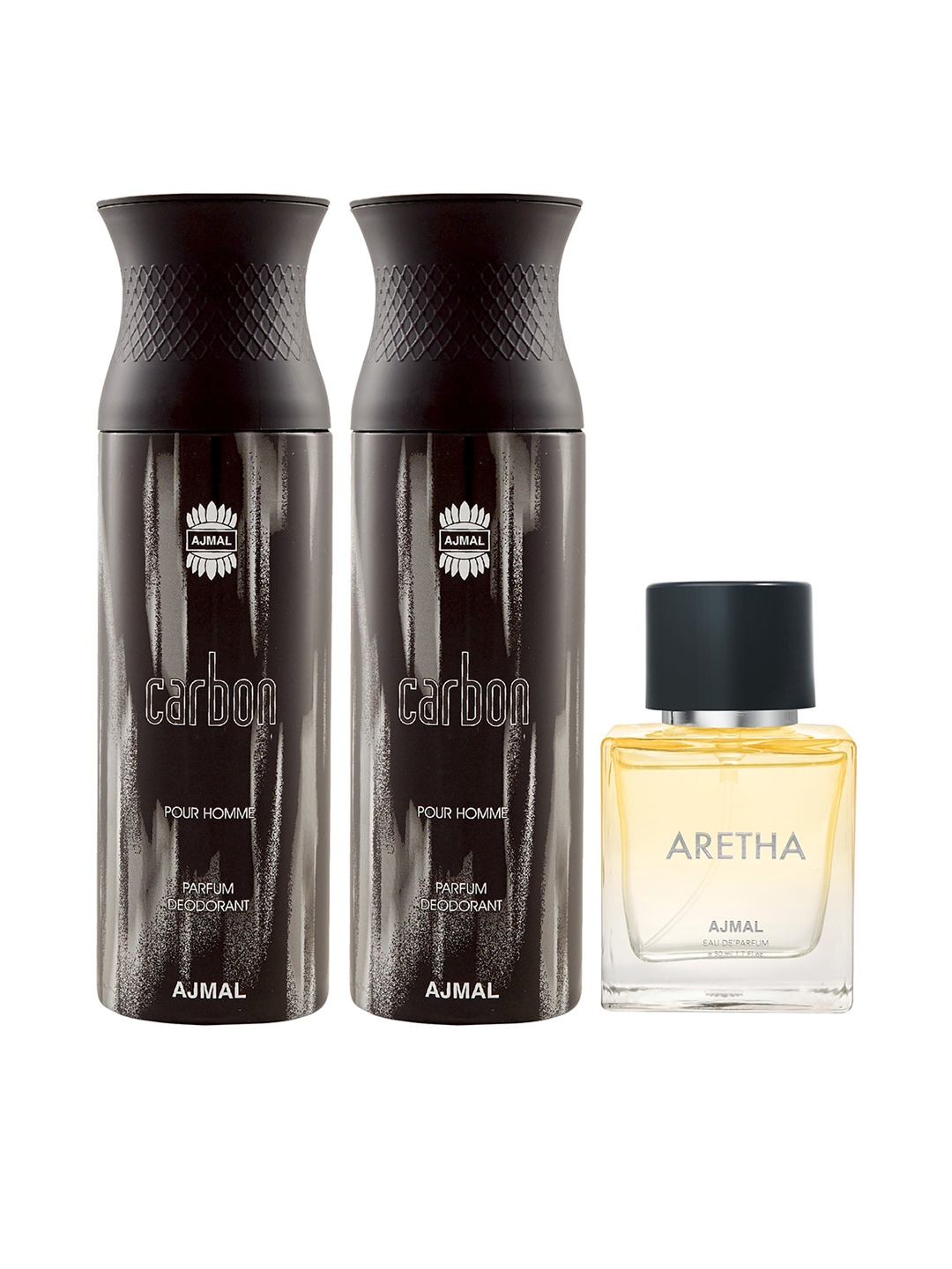 

Ajmal Men 2 Carbon Deodorant 200 ml Each & Aretha Eau De Parfum 50 ml, Black