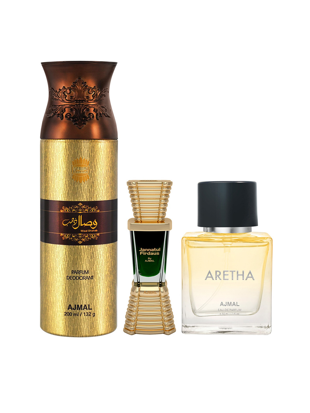 

Ajmal Set of Wisal Dhahab Deo 200 ml + Jannatal Firdaus EDP 10 ml + Aretha EDP 50 ml, Yellow
