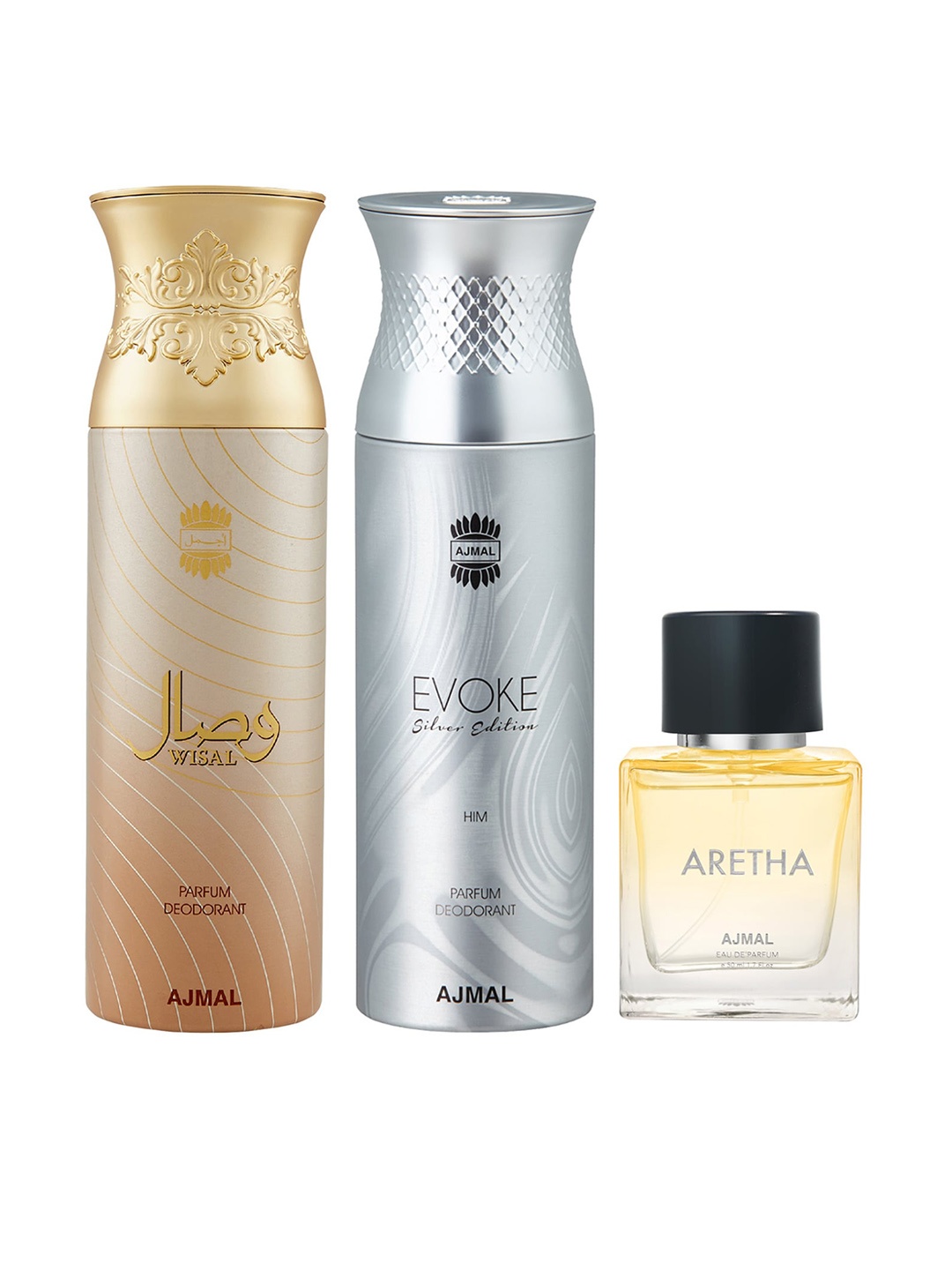 

Ajmal Set of Wisal Deodorant 200 ml + Evoke Deodorant 200 ml + Aretha EDP 50 ml, Yellow