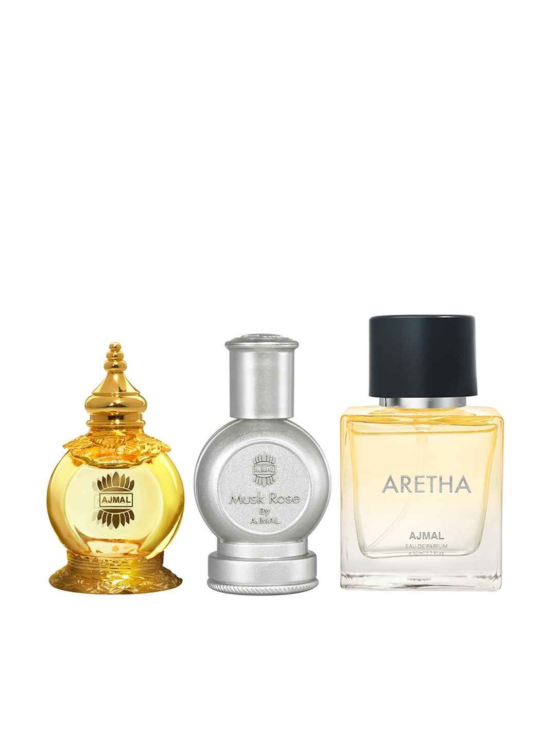 

Ajmal Set Of 3 Perfumes - Mukhallat al Wafa 12 ml + Musk Rose 12 ml + Aretha EDP 50 ml, Yellow