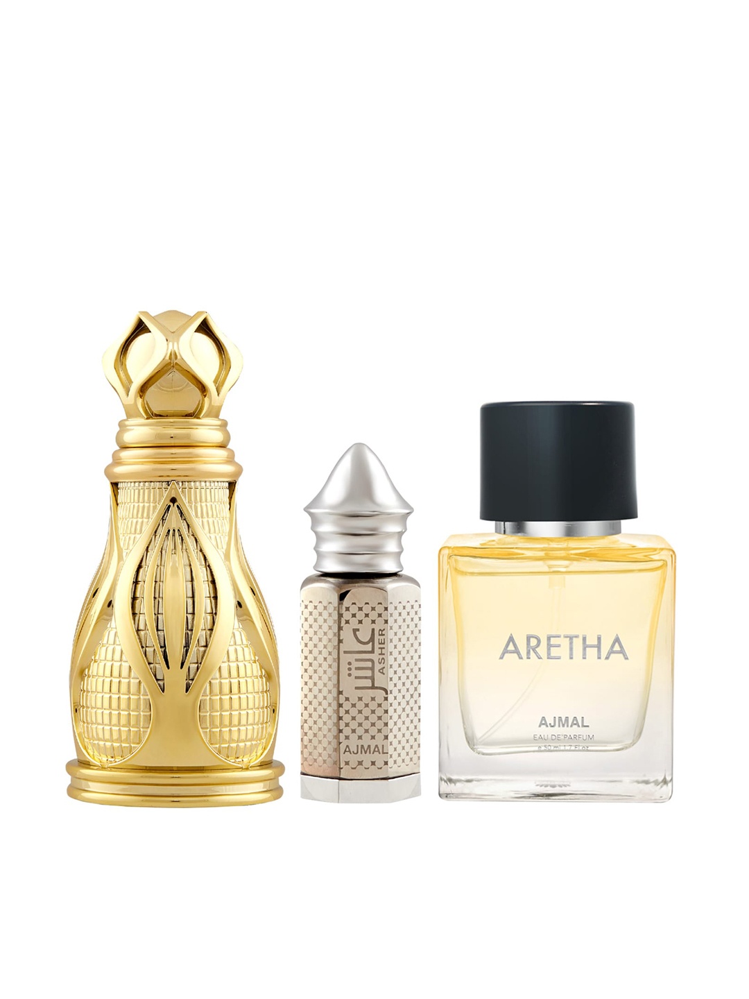 

Ajmal Set Of 3 Perfumes - Khofooq 18 ml + Asher 12 ml + Aretha Eau De Parfum 50 ml, Yellow