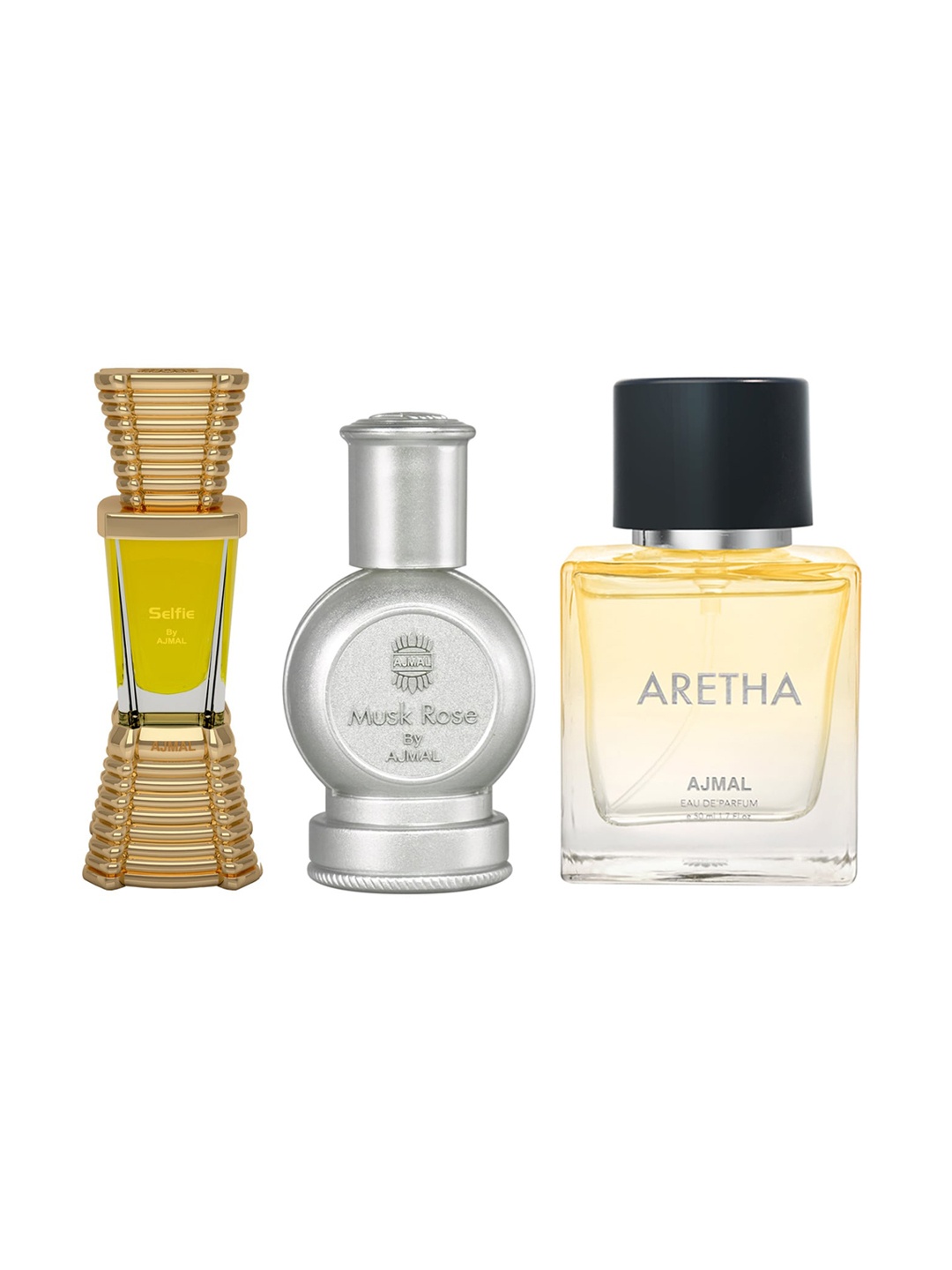 

Ajmal Set Of 3 Perfumes - Selfie 10 ml + Musk Rose 12 ml + Aretha Eau De Parfum 50 ml, Yellow