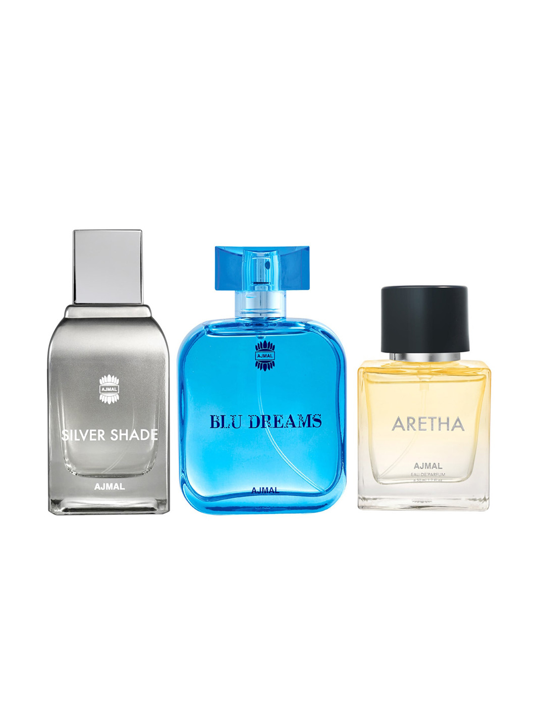 

Ajmal Set Of 3 Silver Shade, Blu Dreams & Aretha Perfumes 250ml, Yellow