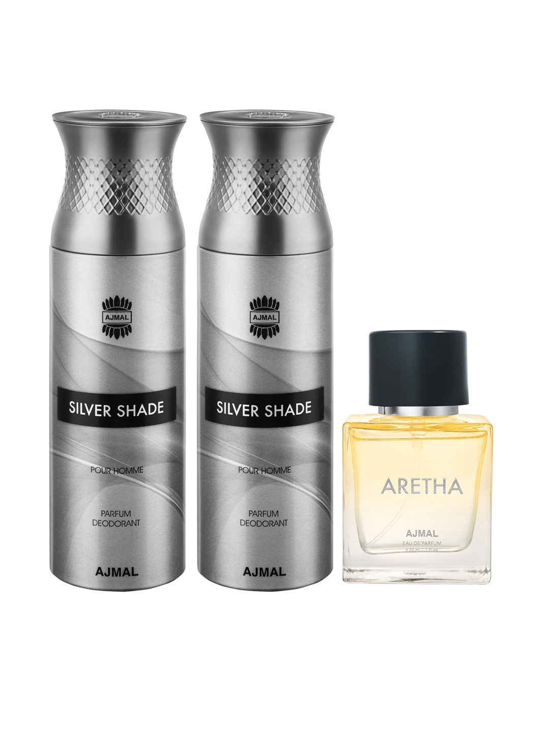 

Ajmal Men 2 Silver Shade Deodorants 200ml Each & Aretha EDP 50ml