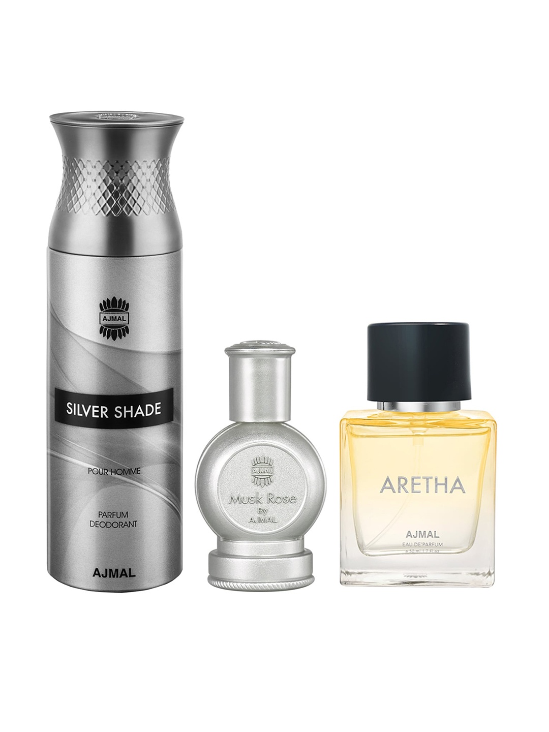 

Ajmal Set Of 3 Muskrose Concentrated Silver Shade Homme Deodorant& Aretha EDP 262ml, Yellow