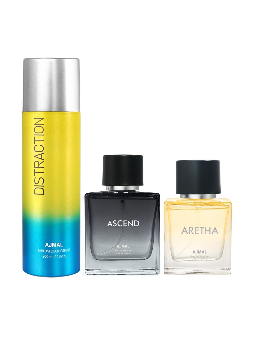 

Ajmal Set Of 3 Ascend EDP , Distraction Deodorant & Aretha EDP 350ml, Yellow