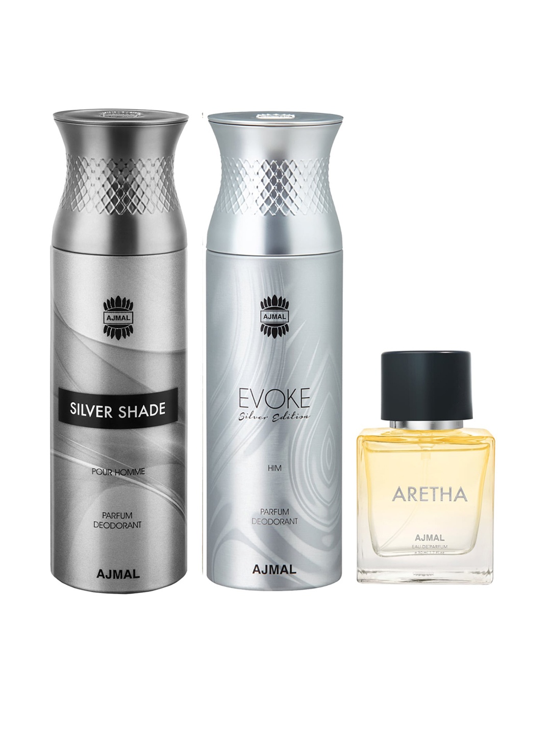 

Ajmal Men Evoke Silver Edition Deo 200ml + Men Silver Shade Deo 200ml + Aretha EDP 50ml