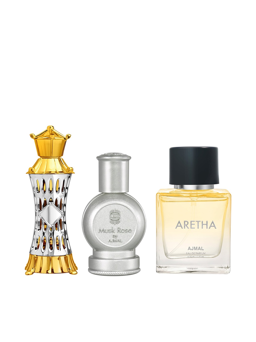 

Ajmal Set Of 3 Perfumes - Mizyaan 14 ml + Musk Rose 12 ml + Aretha Eau De Parfum 50 ml, Yellow