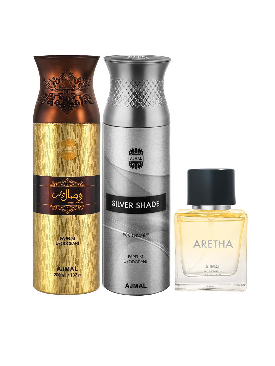 

Ajmal Wisal Dhahab Deodorant 200ml + Men Silver Shade Deodorant 200ml + Aretha EDP 50ml, Gold