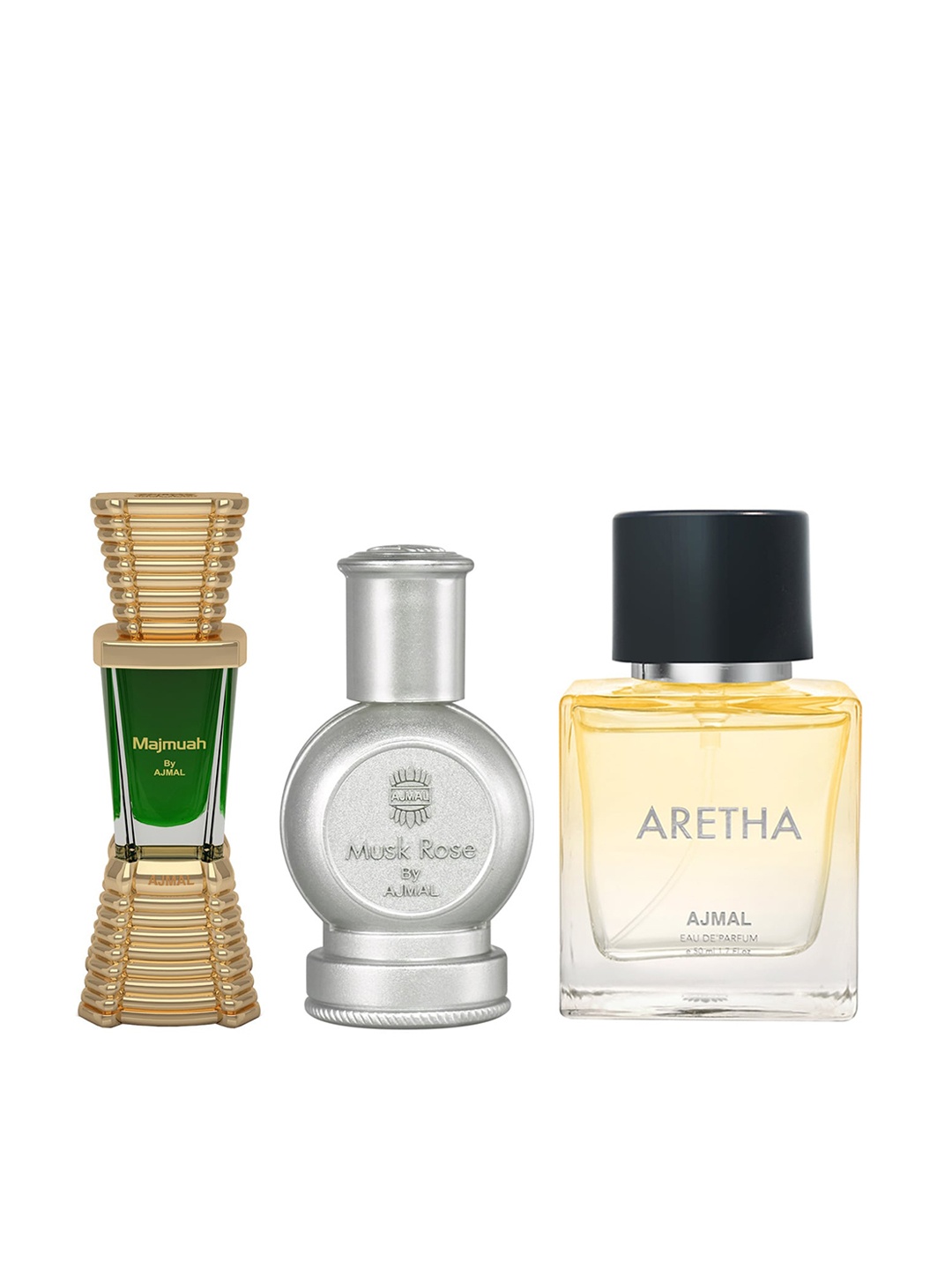 

Ajmal Set Of 3 Perfumes - Majmuah 10 ml + Musk Rose 12 ml + Aretha Eau De Parfum 50 ml, Green