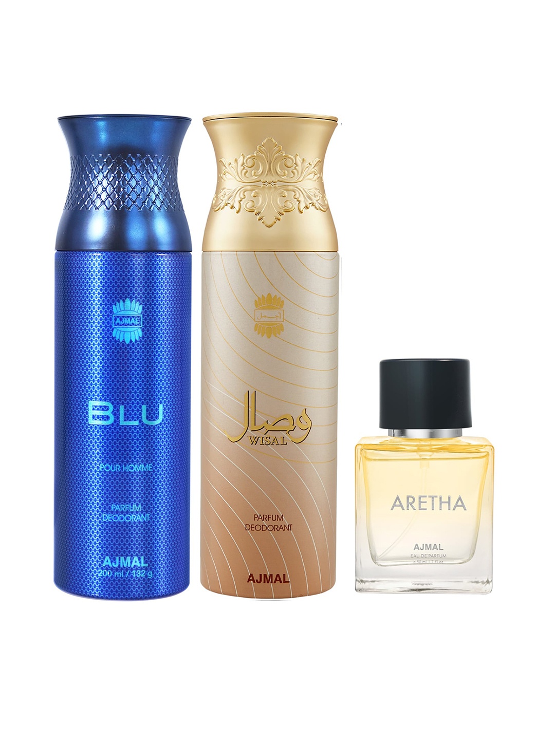 

Ajmal Set Of 3 Blu Homme Deodorant, Wisal Deodorant & Aretha EDP 450ml, Yellow