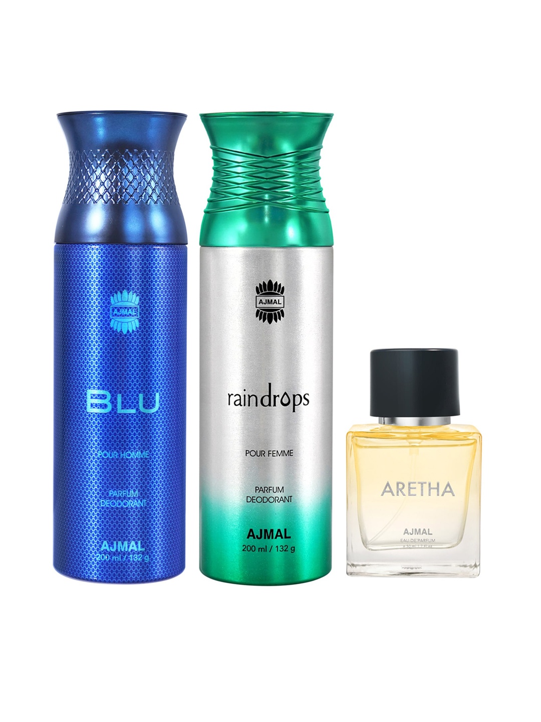 

Ajmal Set of Men Blu & Women Raindrops Deodorants 200 ml Each + Aretha EDP 50 ml, Yellow