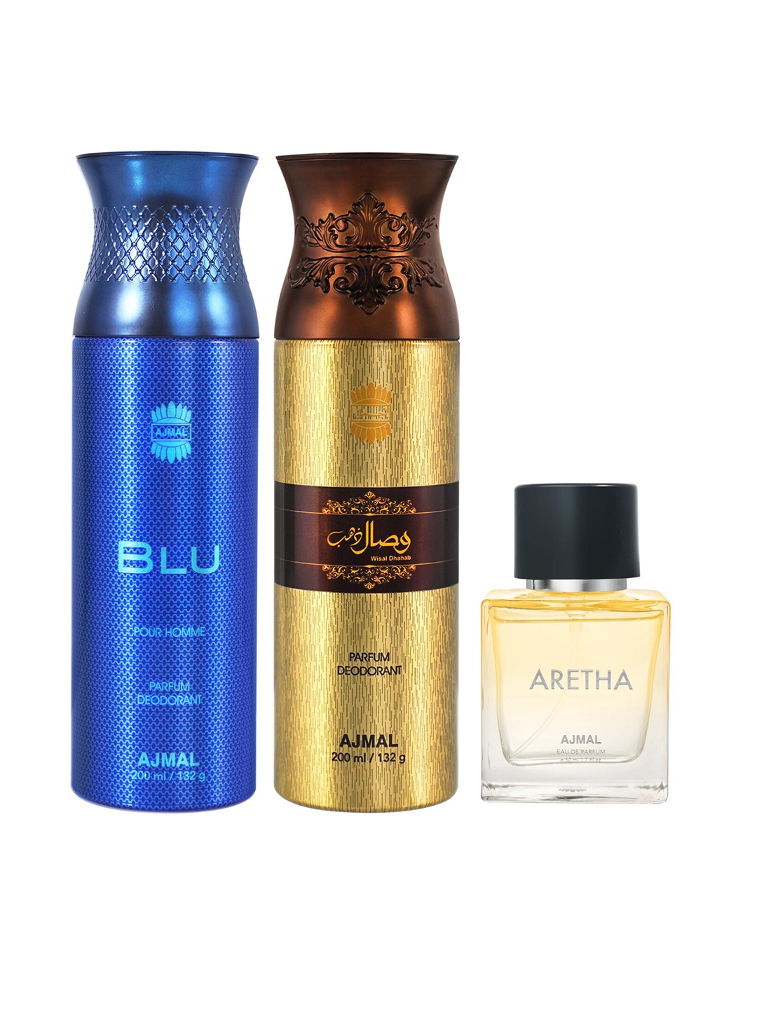 

Ajmal Set of Blu + Wisal Dhahab Deodorants 200 ml Each + Aretha EDP 50 ml, Yellow