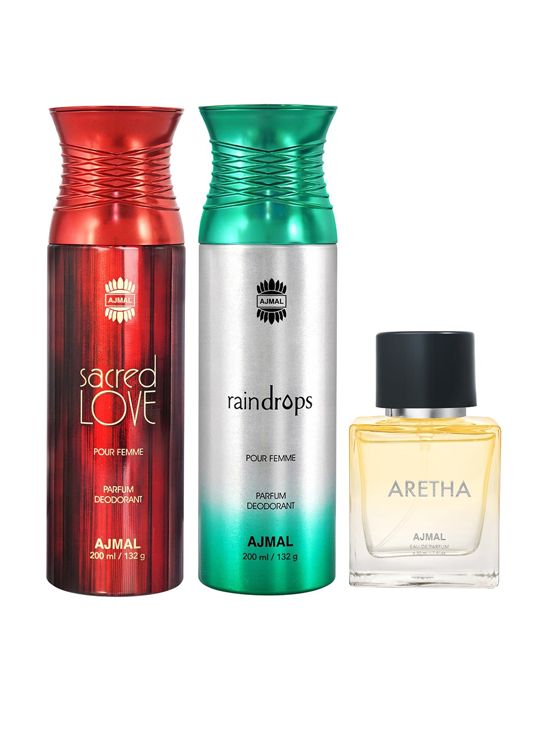 

Ajmal Women Set of Scared Love + Raindrops Deodorants -200 ml Each + Aretha EDP 50 ml, Red