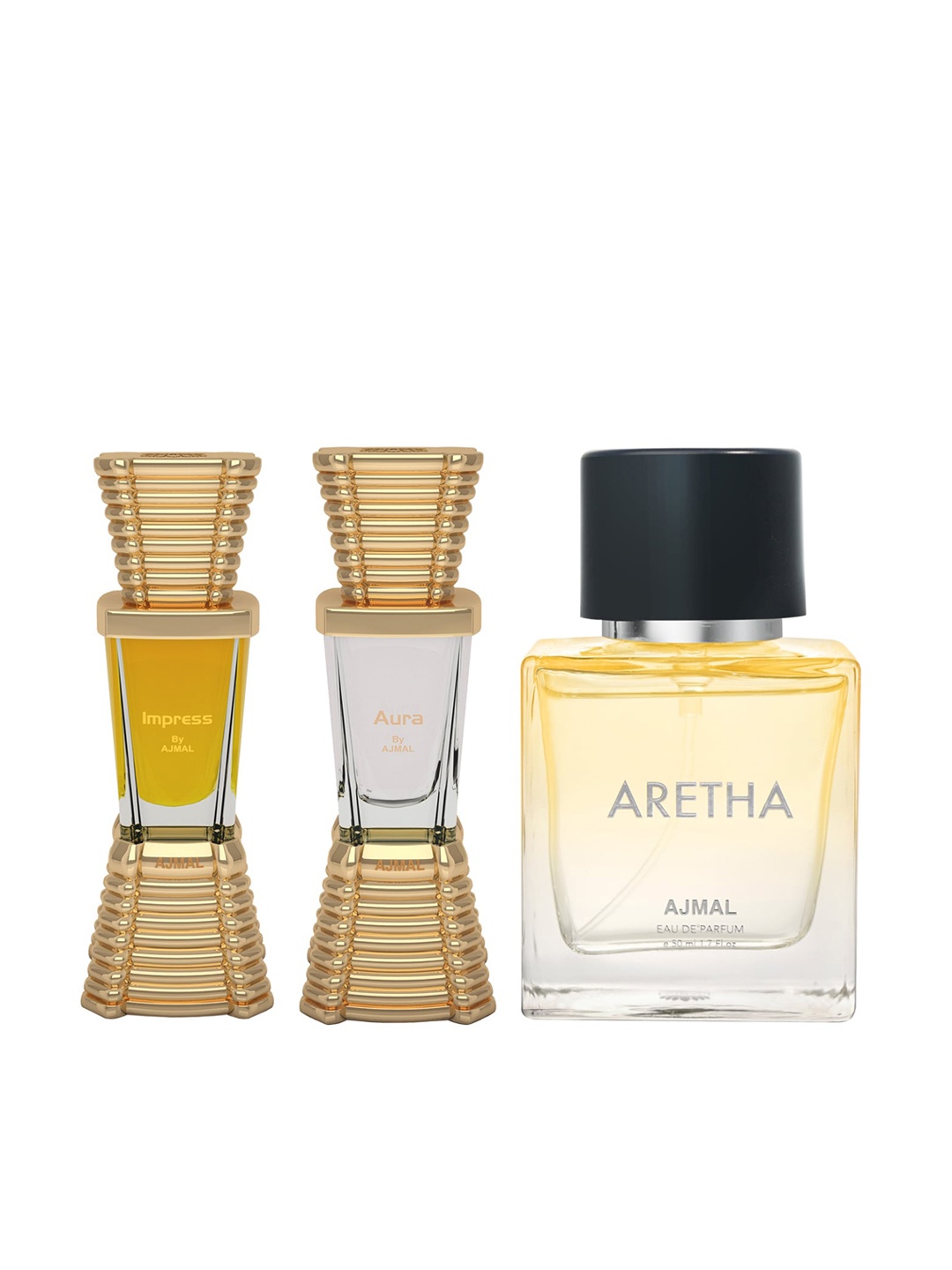 

Ajmal Set Of 3 Perfumes - Impress 10 ml + Aura 10 ml + Aretha Eau De Parfum 50 ml, Yellow