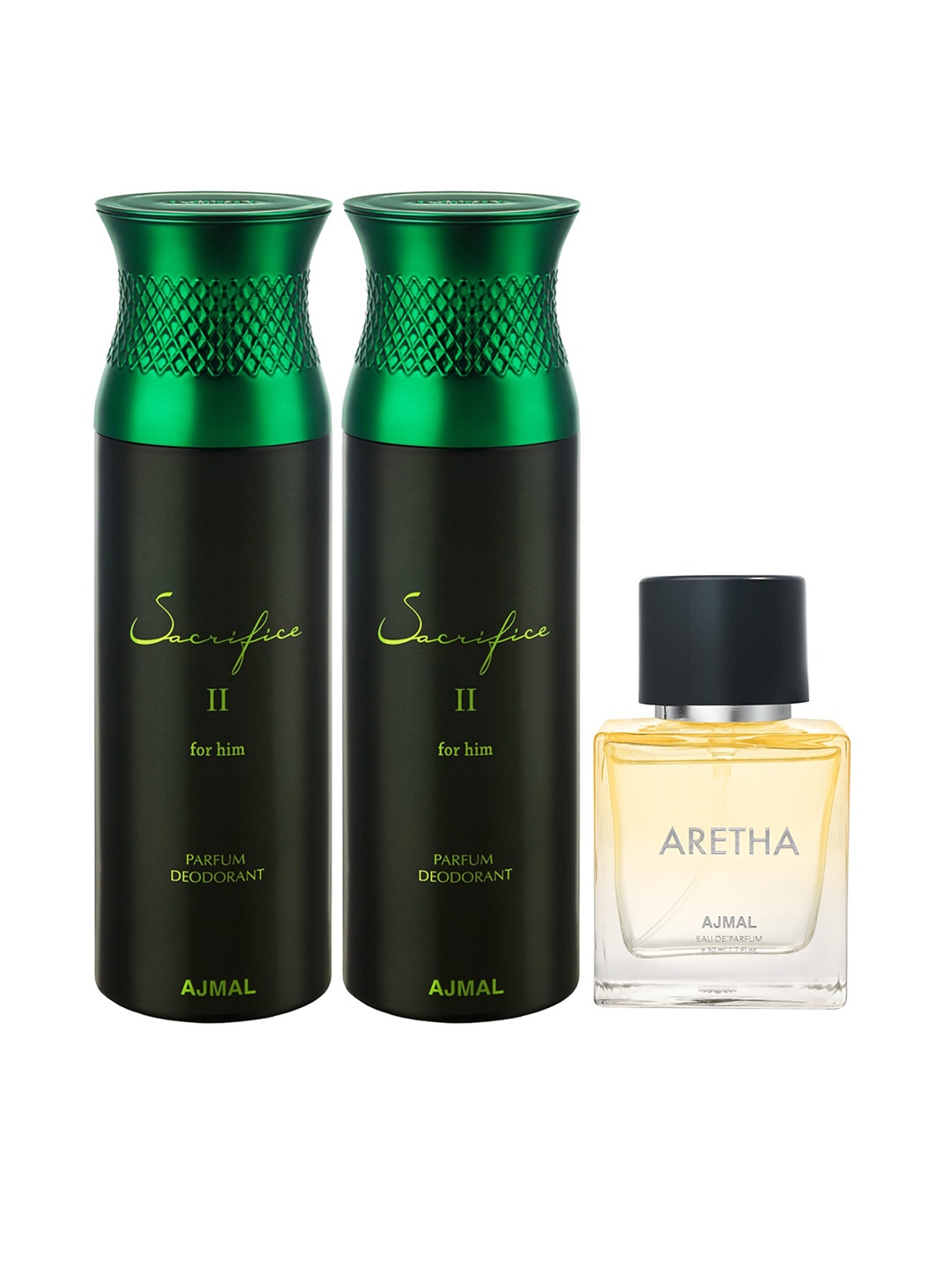 

Ajmal Men 2 Sacrifice II Deodorant 200 ml Each & Aretha Eau De Parfum 50 ml, Black