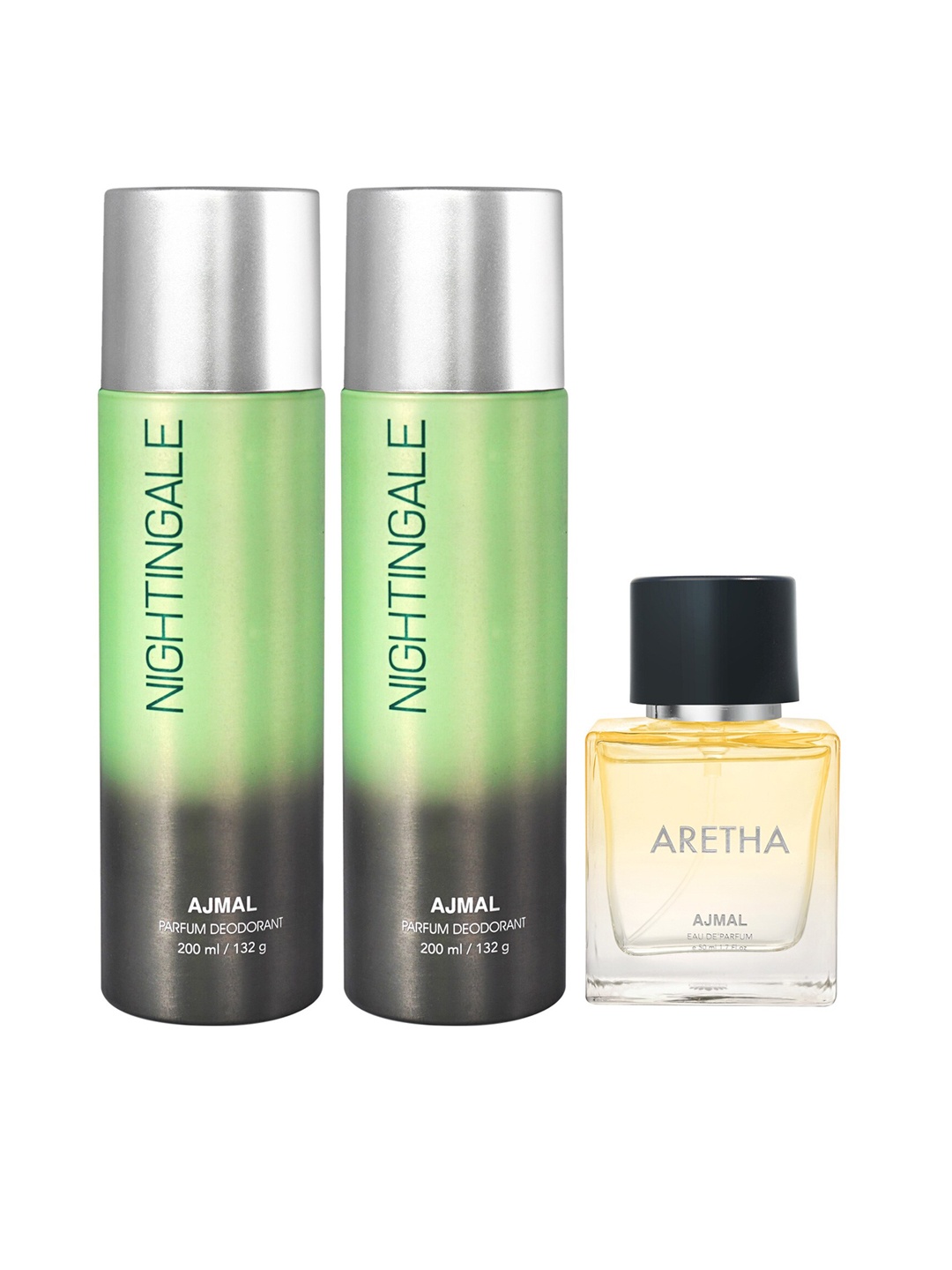 

Ajmal 2 Nightingale Deodorant 200 ml Each & Aretha Eau De Parfum 50ml, Green