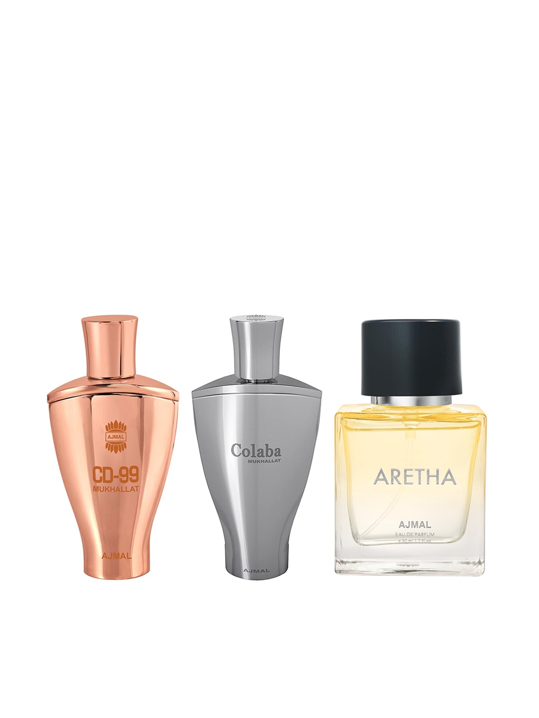

Ajmal Set Of 3 Perfumes - CD99 Mukhallat 14 ml + Colaba Mukhallat 14 ml + Aretha EDP 50 ml, Copper