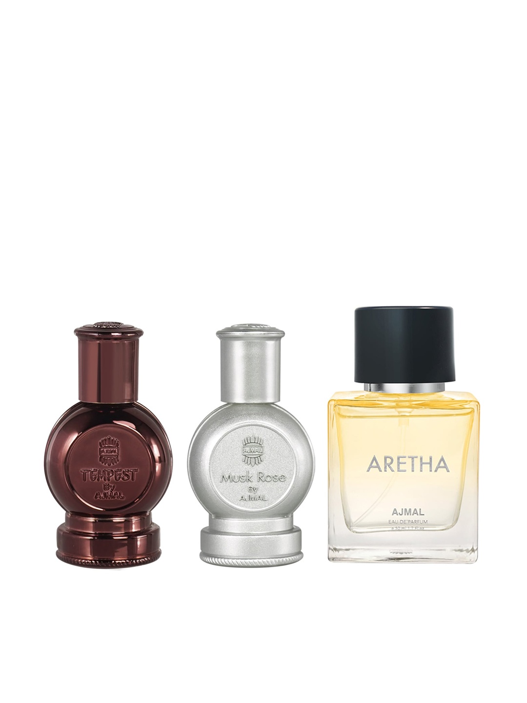 

Ajmal Set Of 3 Perfumes - Tempest 12 ml + Musk Rose 12 ml + Aretha Eau De Parfum 50 ml, Yellow