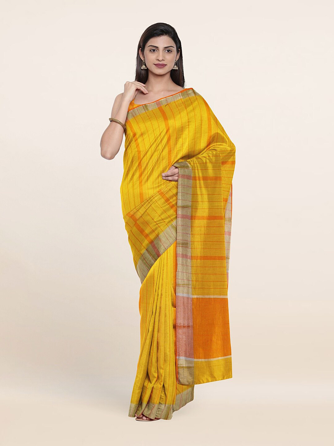 

Pothys Mustard & Orange Striped Zari Pure Cotton Saree