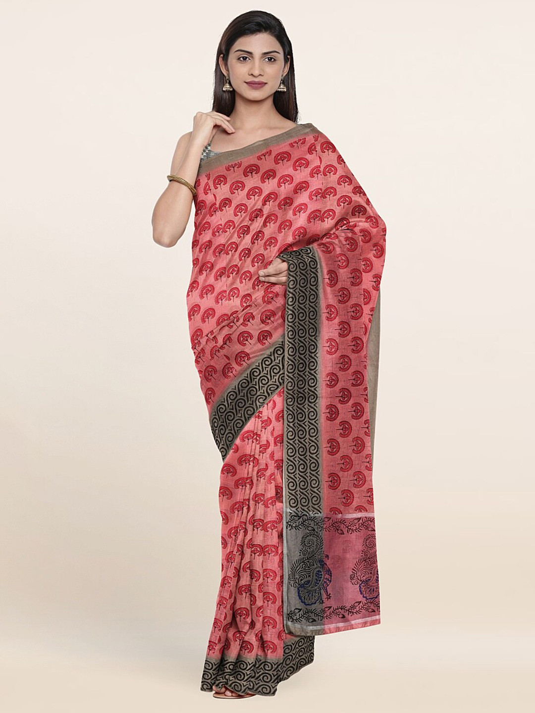 

Pothys Pink & Black Floral Pure Cotton Saree