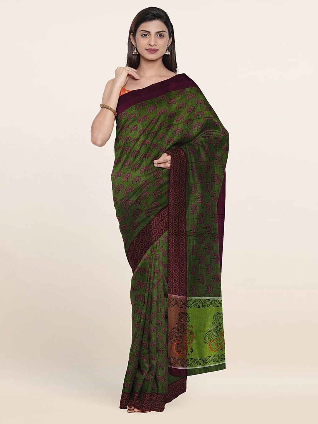 

Pothys Green & Copper-Toned Floral Pure Cotton Saree