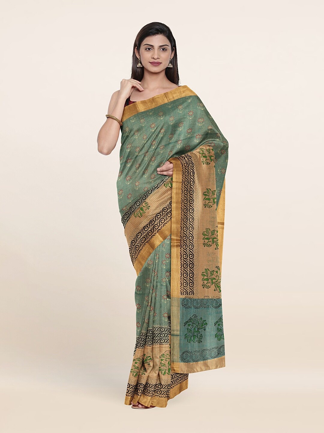 

Pothys Green & Black Floral Pure Cotton Saree