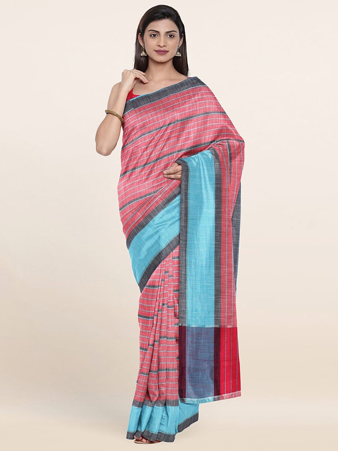 

Pothys Pink & Blue Striped Pure Cotton Saree