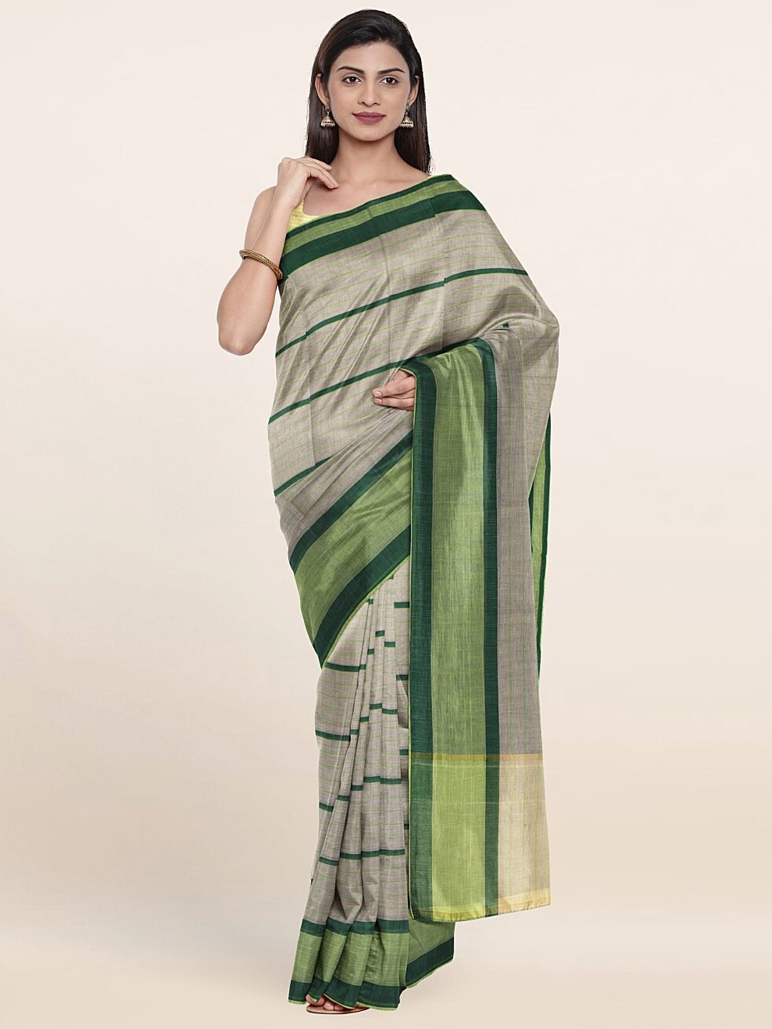 

Pothys Grey & Green Striped Pure Cotton Saree